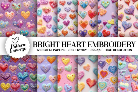 Colorful Embroidered Hearts Patterns: A Creative Resource for Digital Crafters