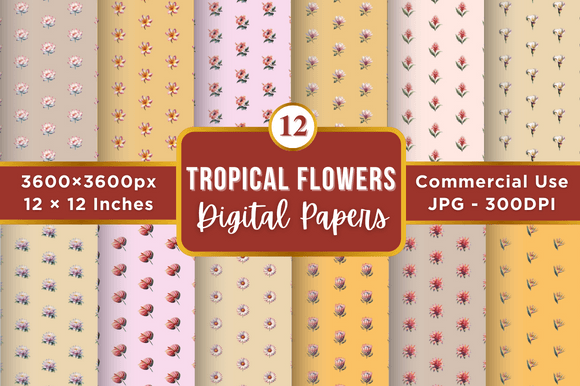 Tropical Flowers Digital Paper Patterns
